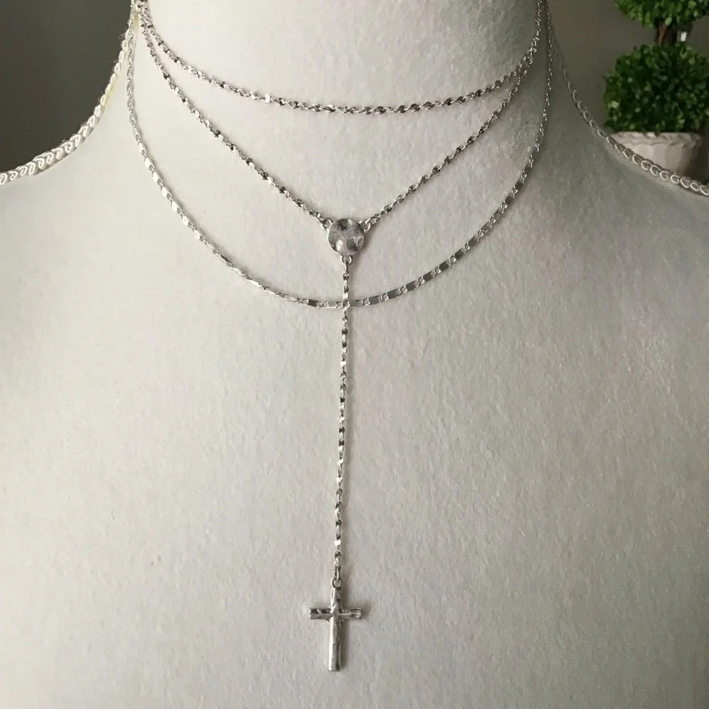 Cross Necklace Delicate 3-Chain Silver-Tone Waterfall Rosary Style Boho Feminine